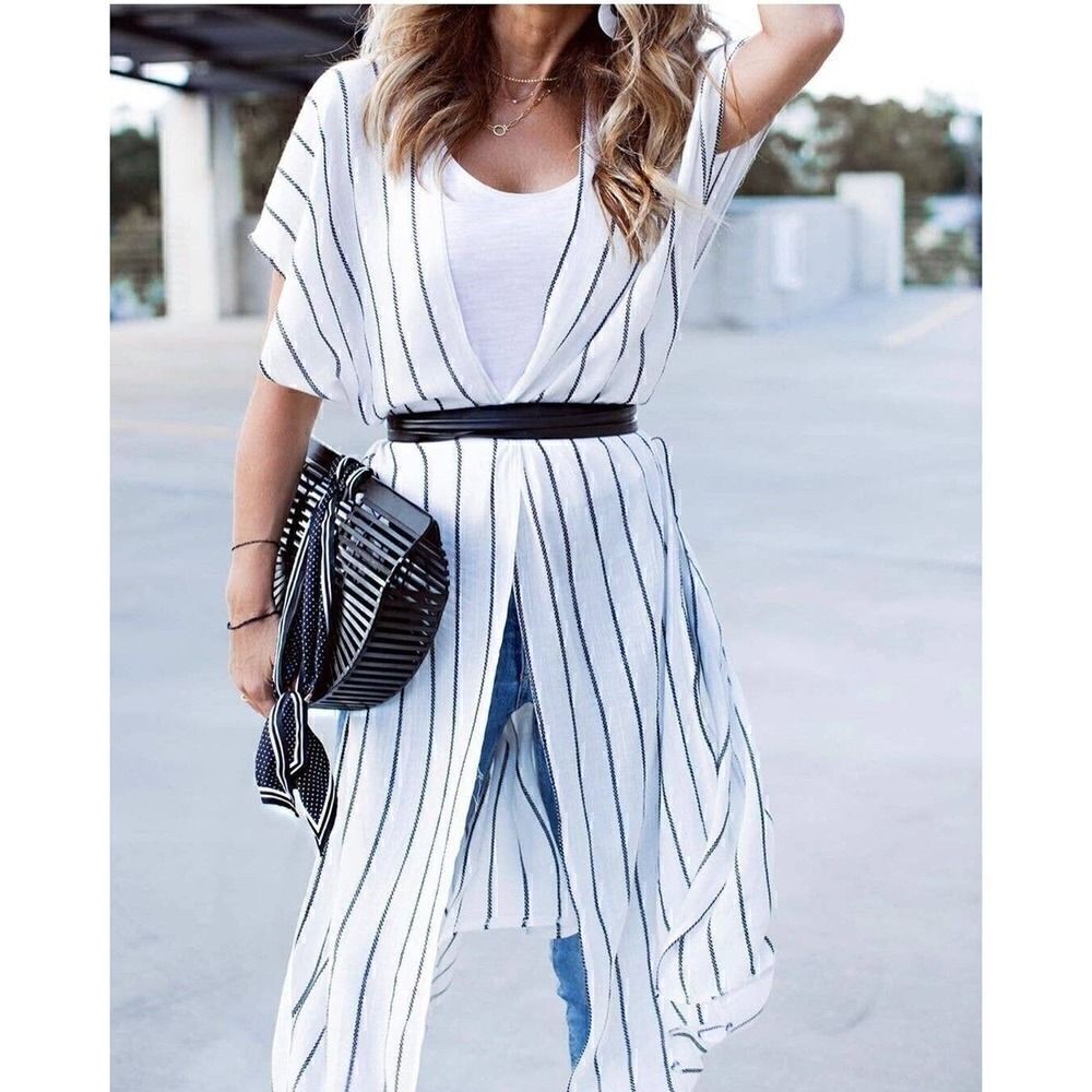 Womens Fashion Stripe Short Sleeve Kimono Outerwear Womens One Size Fit Most S-L